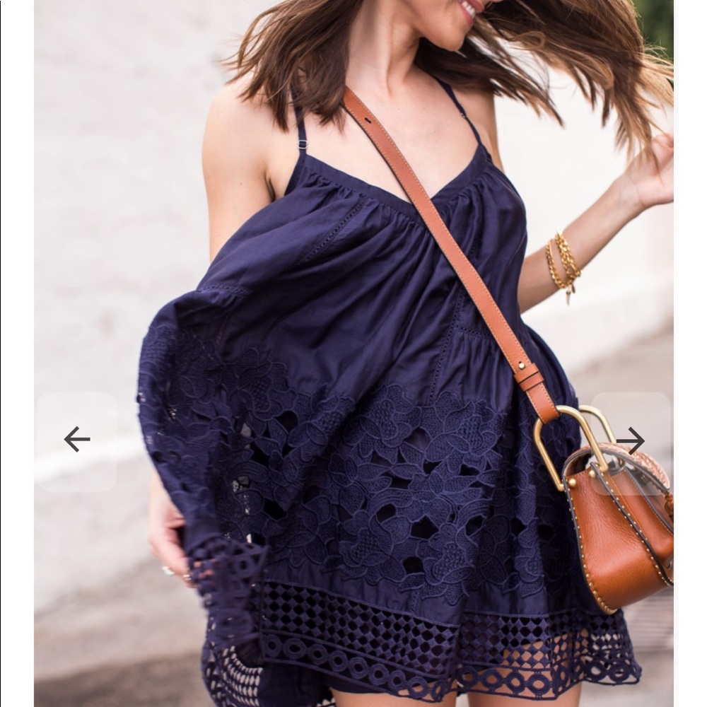 TRYB 212 - Angi Sleeveless A-Line Dress, Dune Lace Embroidery - Navy - Size L